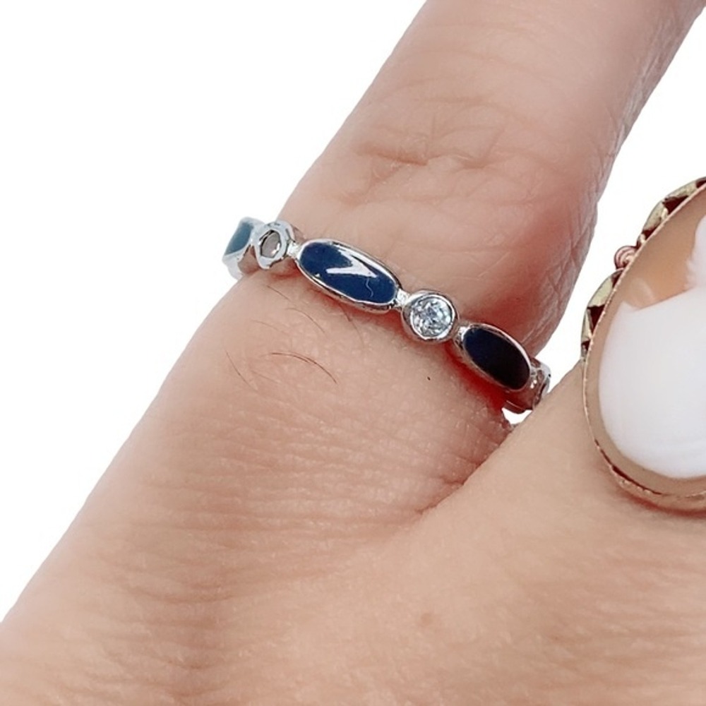 925 Sterling Silver Blue Enamel Stack Ring Sz 4.25 Minimalist Modest Preppy Cute